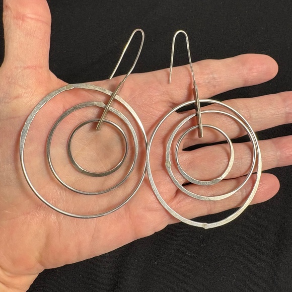 Beautiful Antique Modernist Sterling Silver 3 Spinning Hoops Long Earrings - Picture 3 of 7